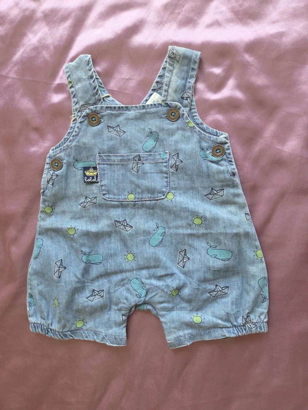 Unisex Baby 3M Denim Romper with Whale & Boat Print - Light Blue